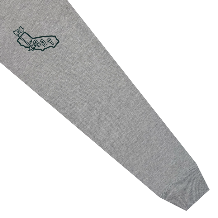 The Bay Flag Crew By DOC from Oaklandish is a premium heavyweight fleece with gray sleeves, a small crowned California "BAY" graphic, and ribbed cuffs for style on a white background. Part of The Bay Collection.