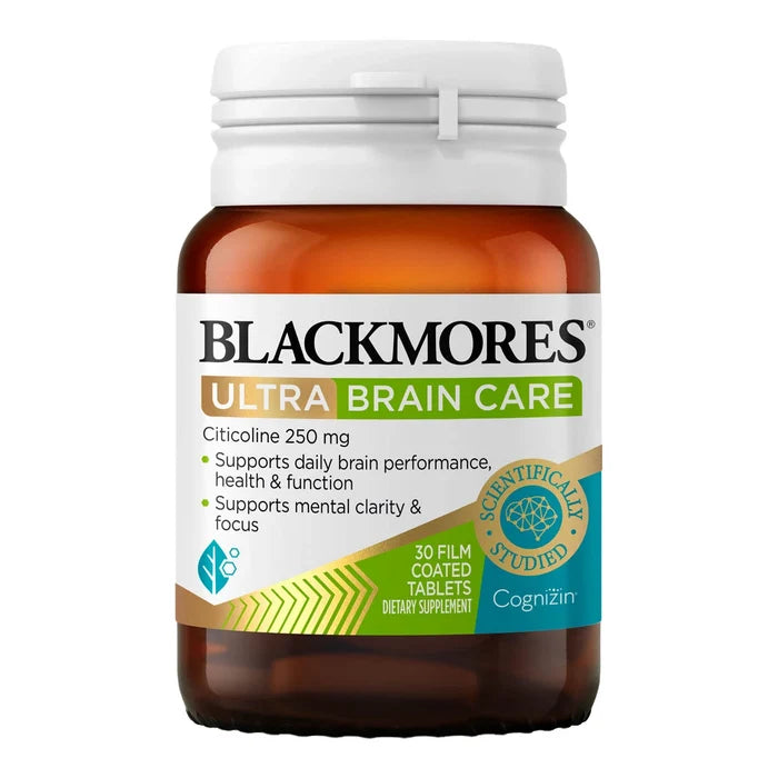 A bottle of Blackmores Ultra Brain Care dietary supplement, containing 30 film coated tablets. Supports daily brain performance, health & function.