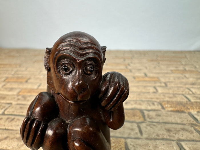 Vintage Artisan Signed Handmade Carved Wooden Monkey
