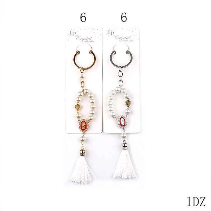 Virgin Mary Pearl Rosary Keychain with Tassel – Religious Guadalupe Keyring Favor (12 Pack / 1 Dozen) (YNV-1649)