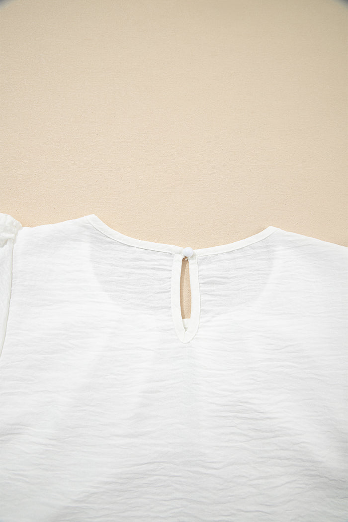 White Flounce Sleeve Pleated Textured Blouse