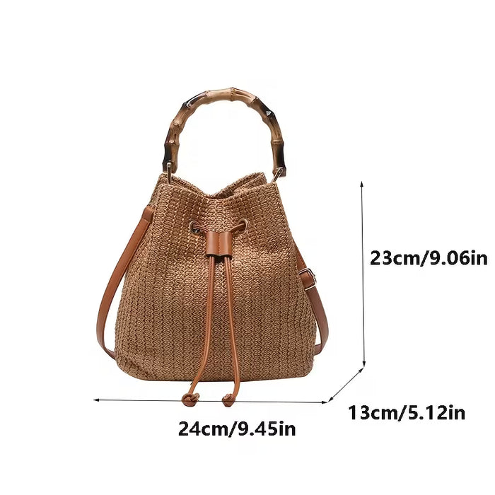 Women's vintage raffia bucket messenger bag by Grace Beauty, showing a woven straw handbag with a shoulder strap and classic design.