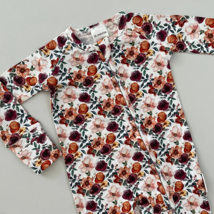 Zipper Bamboo Onesie- Floral Pumpkin