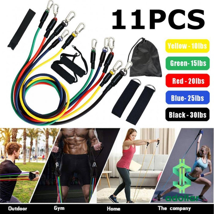 11-piece professional resistance bands set with handles, ankle straps, and door anchor