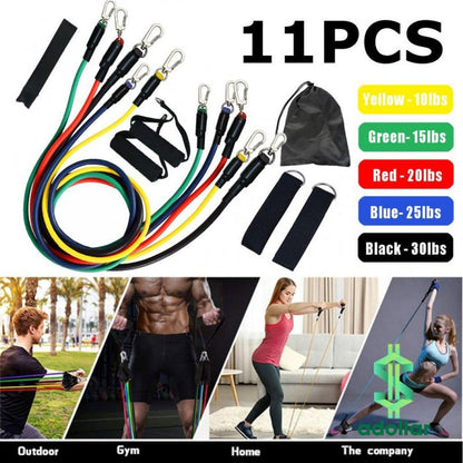 11-piece professional resistance bands set with handles, ankle straps, and door anchor