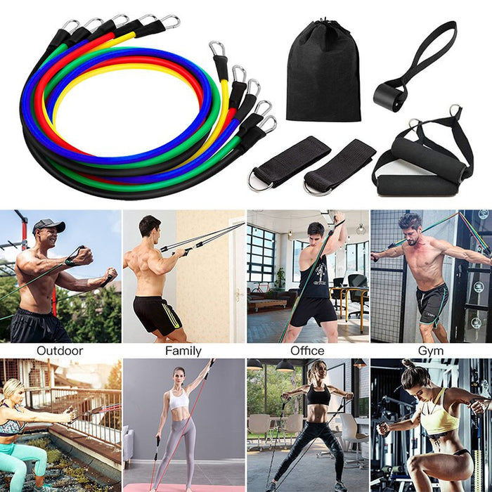 11-piece professional resistance bands set with handles, ankle straps, and door anchor