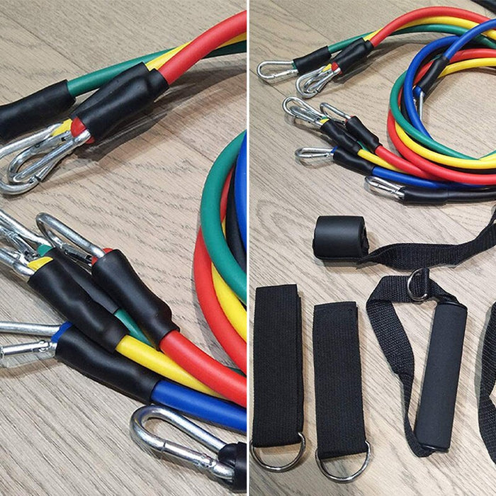 Close-up of heavy-duty steel carabiners and premium latex resistance tubes."