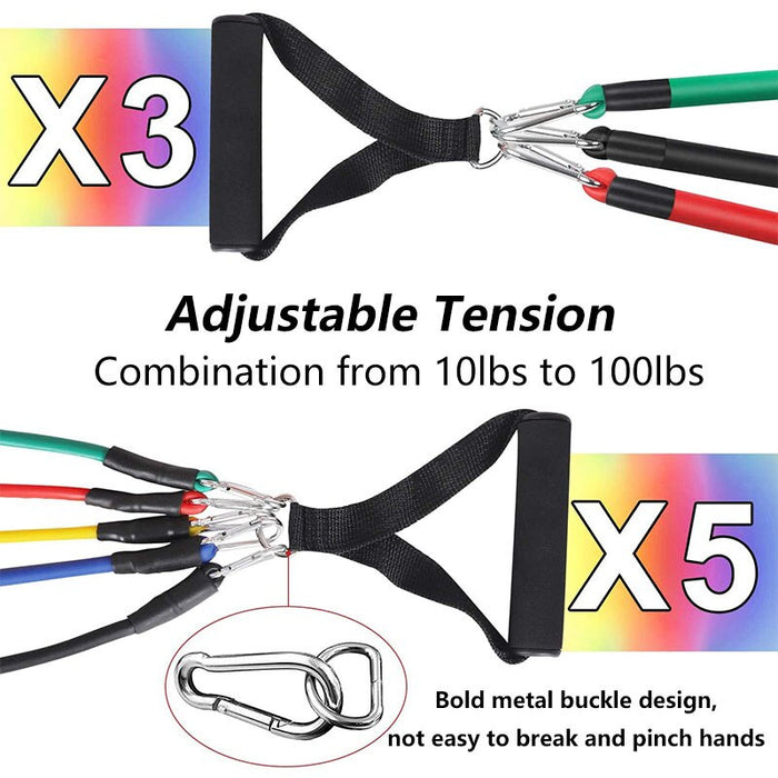 Close-up of heavy-duty steel carabiners and premium latex resistance tubes."