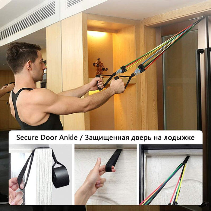 High-intensity home workout using stackable resistance bands for bicep curls.