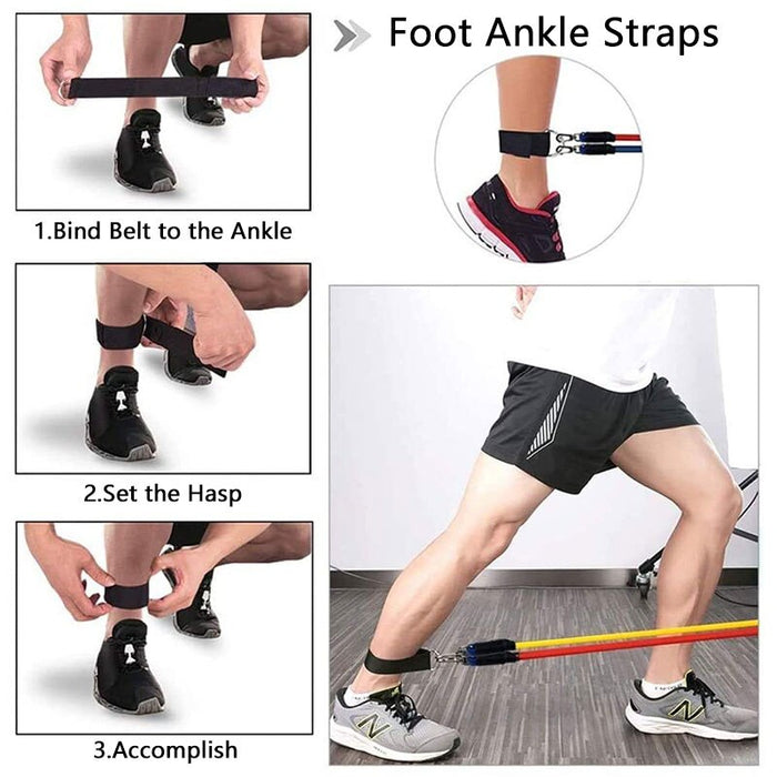 High-intensity home workout using stackable resistance bands for bicep curls.