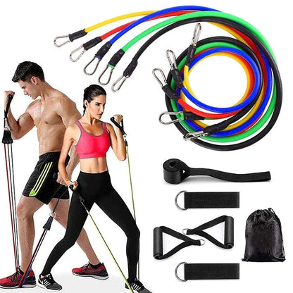 High-intensity home workout using stackable resistance bands for bicep curls.