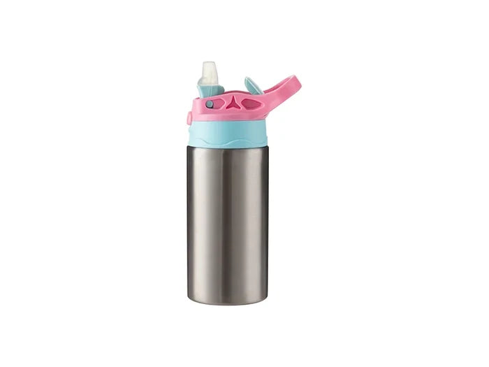 12oz/360ml Kids Stainless Steel Bottle With Silicon Straw &Pink Cap(Silver)