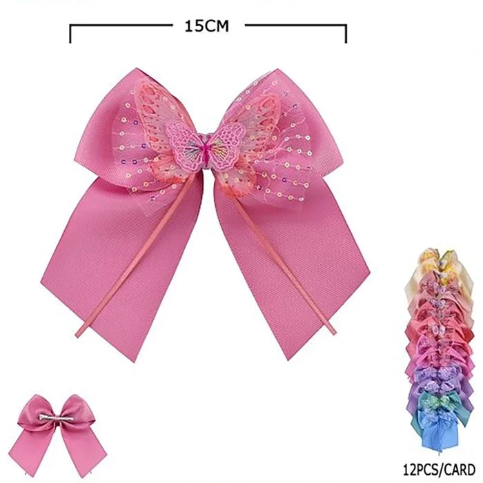 12pc Butterfly Hair Bow Clips Bulk Pack – 15cm Large Grosgrain Sequin Ribbon Bows with Alligator Clips for Girls, Toddlers & Kids Hair Accessories (HC-29633BN)
