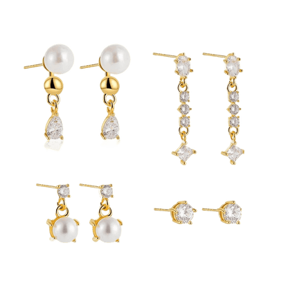 18K Gold Plated 4-Piece Pearl & Cubic Zirconia Stud Earring Set 🇬🇧