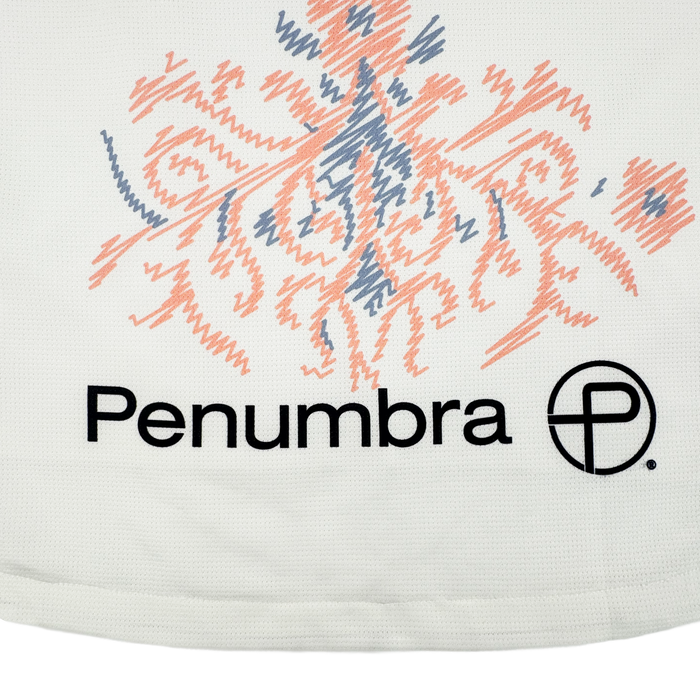 The 2026 OAKLAND SOUL SC FORM JERSEY by Oakland Soul is a white polyester jersey with abstract coral and blue zigzag embroidery, "Penumbra," and a circular logo with a stylized "P" in black on subtly textured fabric.