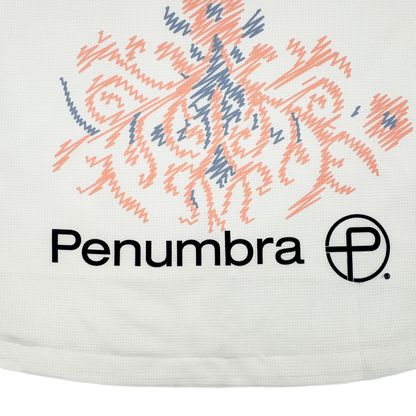 The 2026 OAKLAND SOUL SC FORM JERSEY by Oakland Soul is a white polyester jersey with abstract coral and blue zigzag embroidery, "Penumbra," and a circular logo with a stylized "P" in black on subtly textured fabric.