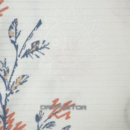 A close-up of textured white fabric on the 2026 OAKLAND SOUL SC FORM JERSEY by Oakland Soul shows blue and orange floral prints, a subtle sun with a face, and “DRYFACTOR” in gray text near the bottom center. Made from high-quality polyester.
