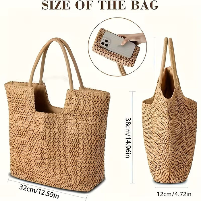 Two-piece travel set with a woven raffia tote bag and straw hat, featuring a stylish beach bag and sun hat for summer outings.