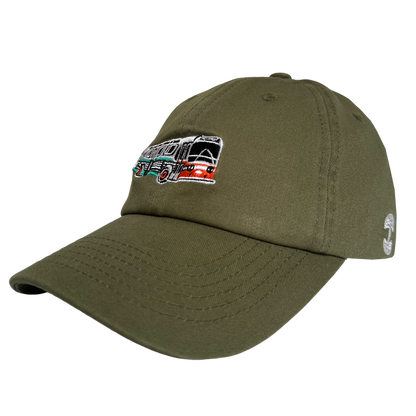 The AC Transit Dad Hat by Oaklandish is an olive green cap featuring an embroidered red, green, and white AC Transit bus on the front, a curved brim, visible stitching, and ventilation holes—ideal for East Bay pride. Background is plain white.