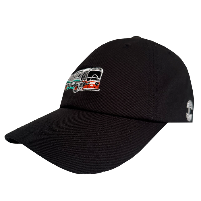 The Oaklandish AC Transit Dad Hat is a black cap featuring an embroidered retro AC Transit bus with red, green, and white stripes—bringing classic East Bay vibes to your look.