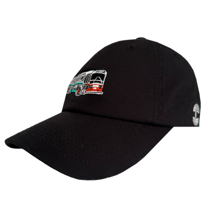 The Oaklandish AC Transit Dad Hat is a black cap featuring an embroidered retro AC Transit bus with red, green, and white stripes—bringing classic East Bay vibes to your look.