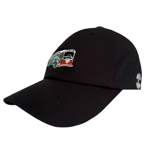 The Oaklandish AC Transit Dad Hat is a black cap featuring an embroidered retro AC Transit bus with red, green, and white stripes—bringing classic East Bay vibes to your look.