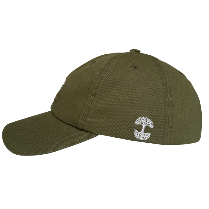 The Oaklandish AC Transit Dad Hat is a vintage-inspired olive green cap featuring a white embroidered tree logo on the side—perfect for showing your East Bay pride.