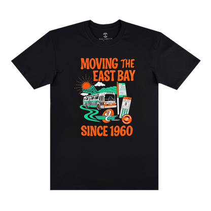 The Oaklandish AC Transit Moves The East Bay Tee is a black vintage shirt with colorful AC Transit bus art, green road, sun, street sign, ticket, and bold "MOVING THE EAST BAY SINCE 1960" text—a tribute to East Bay public transit.