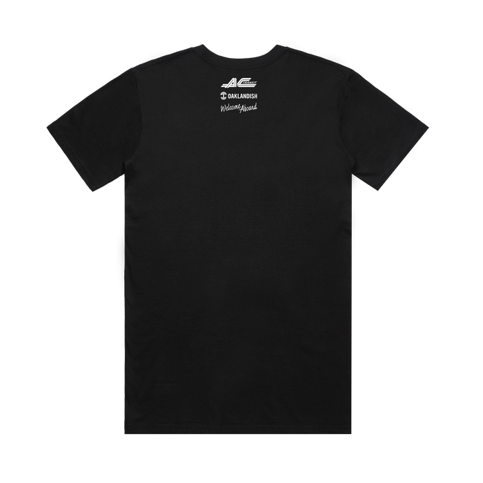 The back of the AC Transit Moves The East Bay Tee by Oaklandish features small white logos, stylized text, and a subtle AC Transit reference near the upper back on a plain black vintage-style shirt.