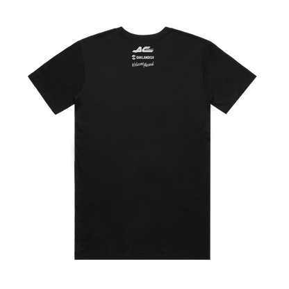 The back of the AC Transit Moves The East Bay Tee by Oaklandish features small white logos, stylized text, and a subtle AC Transit reference near the upper back on a plain black vintage-style shirt.