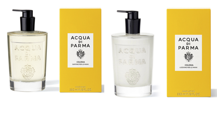 Acqua di Parma Colonia hand wash and hand lotion set in 330ml bottles, featuring elegant bath and body products with classic design.