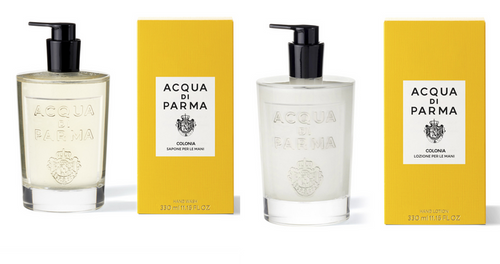 Acqua di Parma Colonia hand wash and hand lotion set in 330ml bottles, featuring elegant bath and body products with classic design.