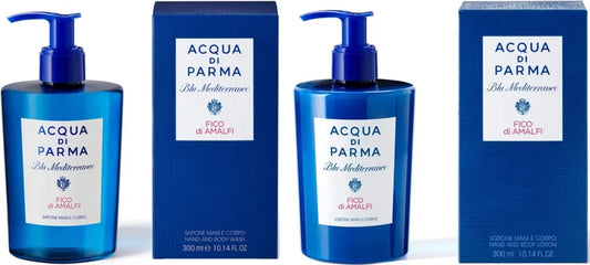 Acqua di Parma Fico Di Amalfi hand and body wash with matching 300ml lotion, featuring a luxurious bath and body skincare set.