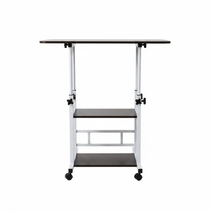 Adjustable dark laptop desk with wheels - front view white background