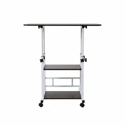 Adjustable dark laptop desk with wheels - front view white background