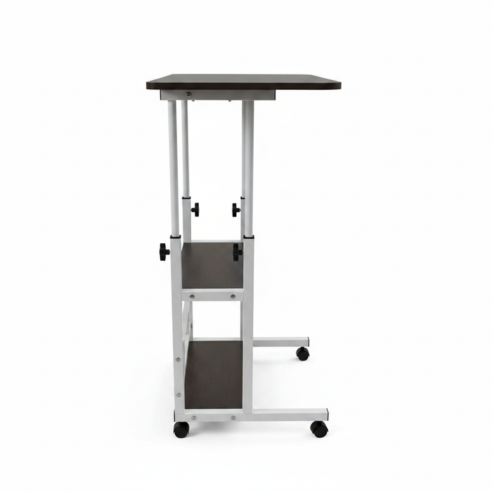 Adjustable dark laptop desk with wheels - side view white background