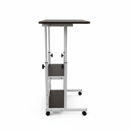Adjustable dark laptop desk with wheels - side view white background