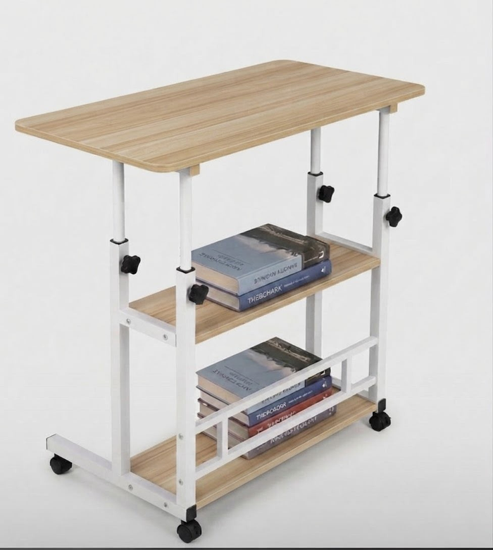 Adjustable laptop desk with wheels and 2 storage shelves - oak wood and white steel frame