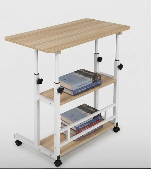 Adjustable laptop desk with wheels and 2 storage shelves - oak wood and white steel frame