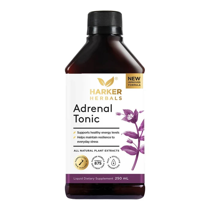 Harker Herbals Adrenal Tonic 250ml bottle on a white background. Supports healthy energy levels, helps maintain resilience to everyday stress with all natural plant extracts.