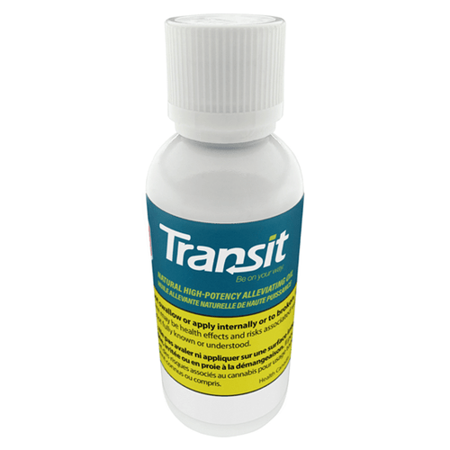 Front view of the Transit Alleviating Oil bottle, set against a dark, neutral background, highlighting its sleek, minimalist design.
