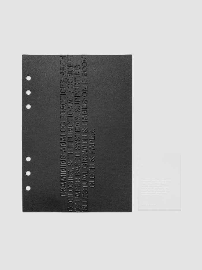 Black embossed Analog Embossed Planner Dashboard with drop card shown in size A5 6-Ring Punch.