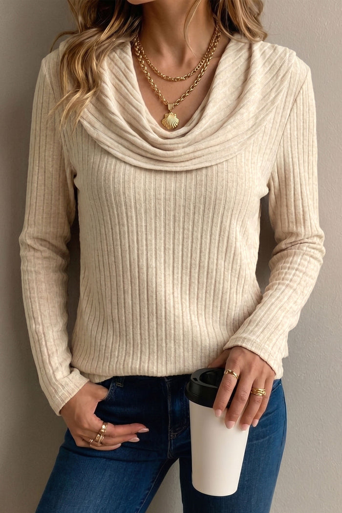 Apricot Solid Color Ribbed Knit Cowl Neck Long Sleeve Top 🇺🇸