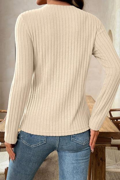 Apricot Solid Color Ribbed Knit Cowl Neck Long Sleeve Top 🇺🇸