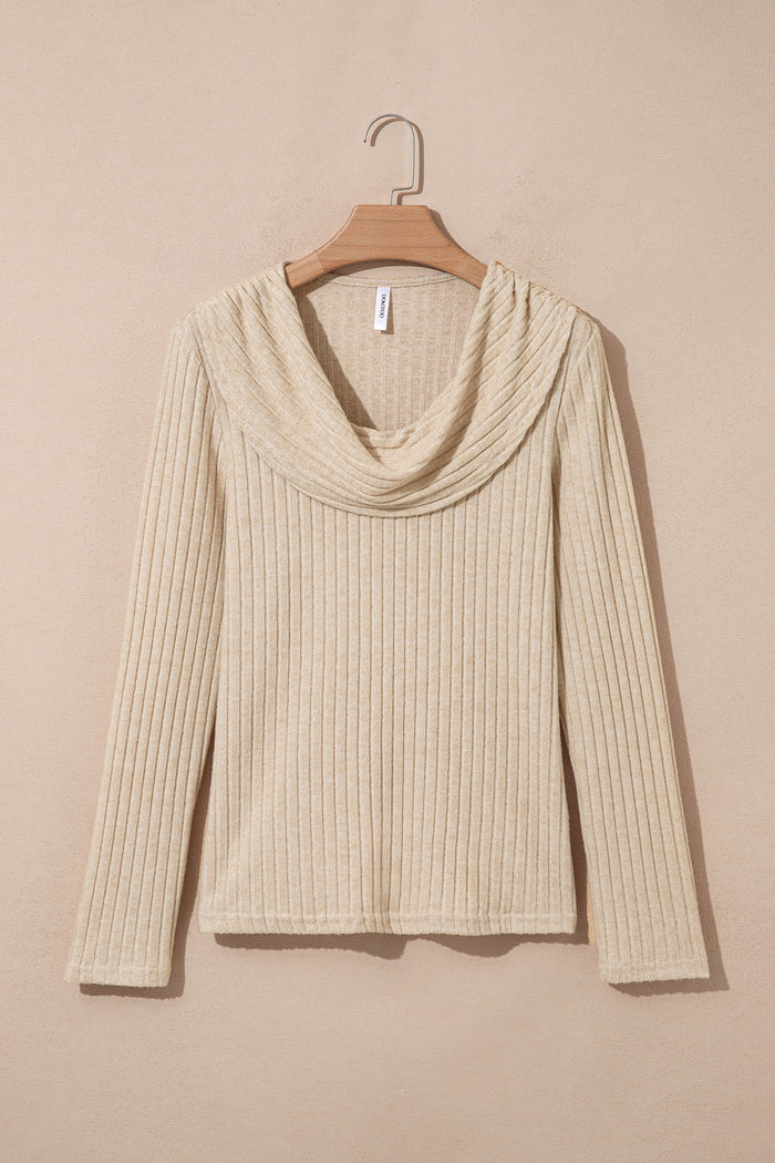Apricot Solid Color Ribbed Knit Cowl Neck Long Sleeve Top 🇺🇸