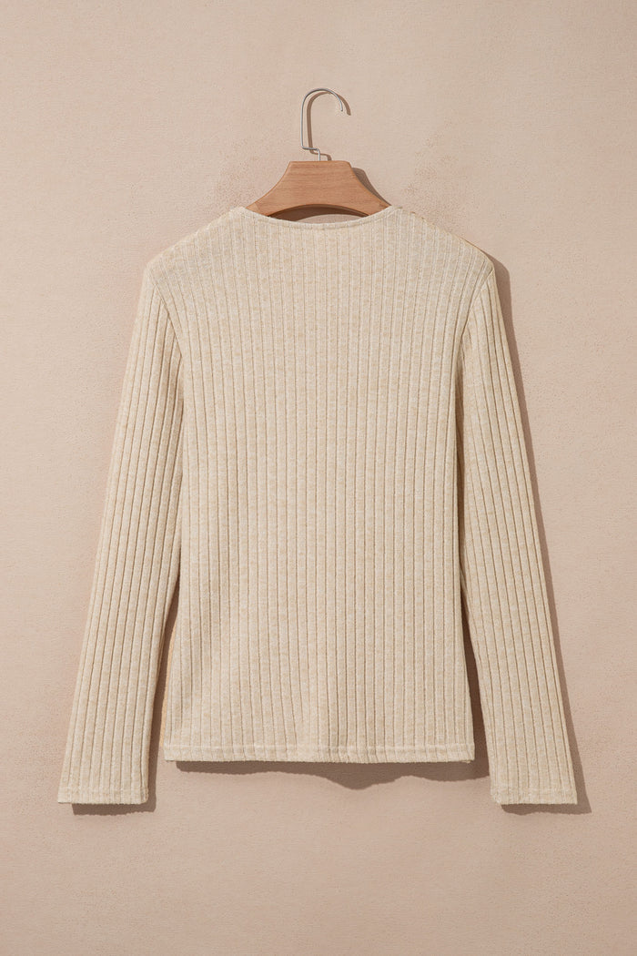 Apricot Solid Color Ribbed Knit Cowl Neck Long Sleeve Top 🇺🇸