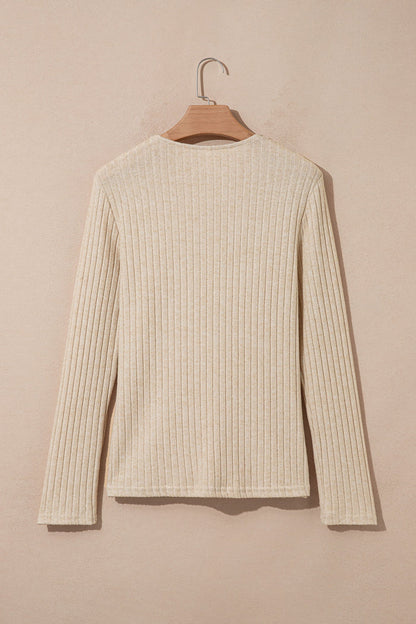 Apricot Solid Color Ribbed Knit Cowl Neck Long Sleeve Top 🇺🇸
