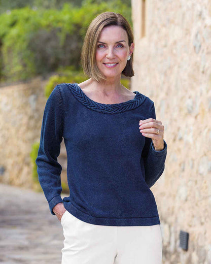 Ariel Indigo Herringbone Stitch Pure Cotton Jumper - Country Collection