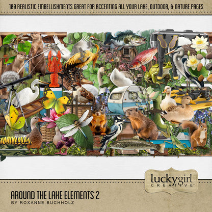 No matter what water sport you love or what lake you like to explore, this realistic embellishments kit by Lucky Girl Creative digital art will add a unique touch to all your digital scrapbooking pages. Great for fishing, camping, hiking, and more! Embellishments include beaver, chickadee, bird, crane, duck, duckling, egret, goose, heron, kingfisher, nest, stork, swan, crayfish, crawfish, fish, bass, trout, carp, perch, frog, and more.