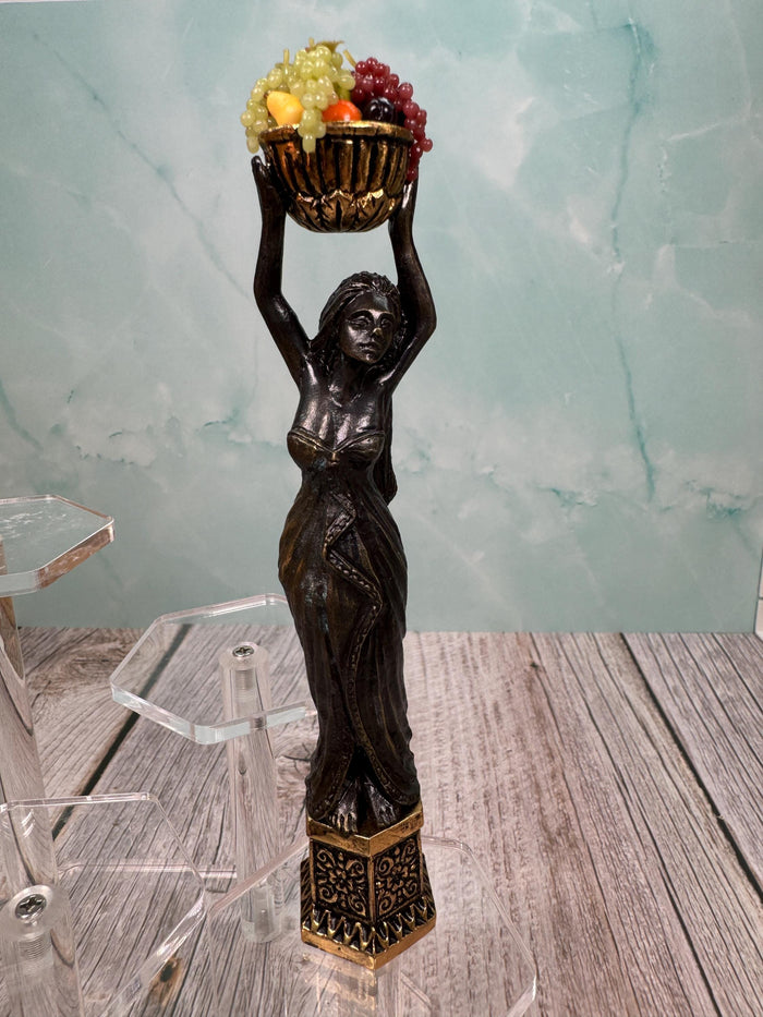 Artisan Handmade Brass Woman Holding Fruit Bowl Statue Decorative